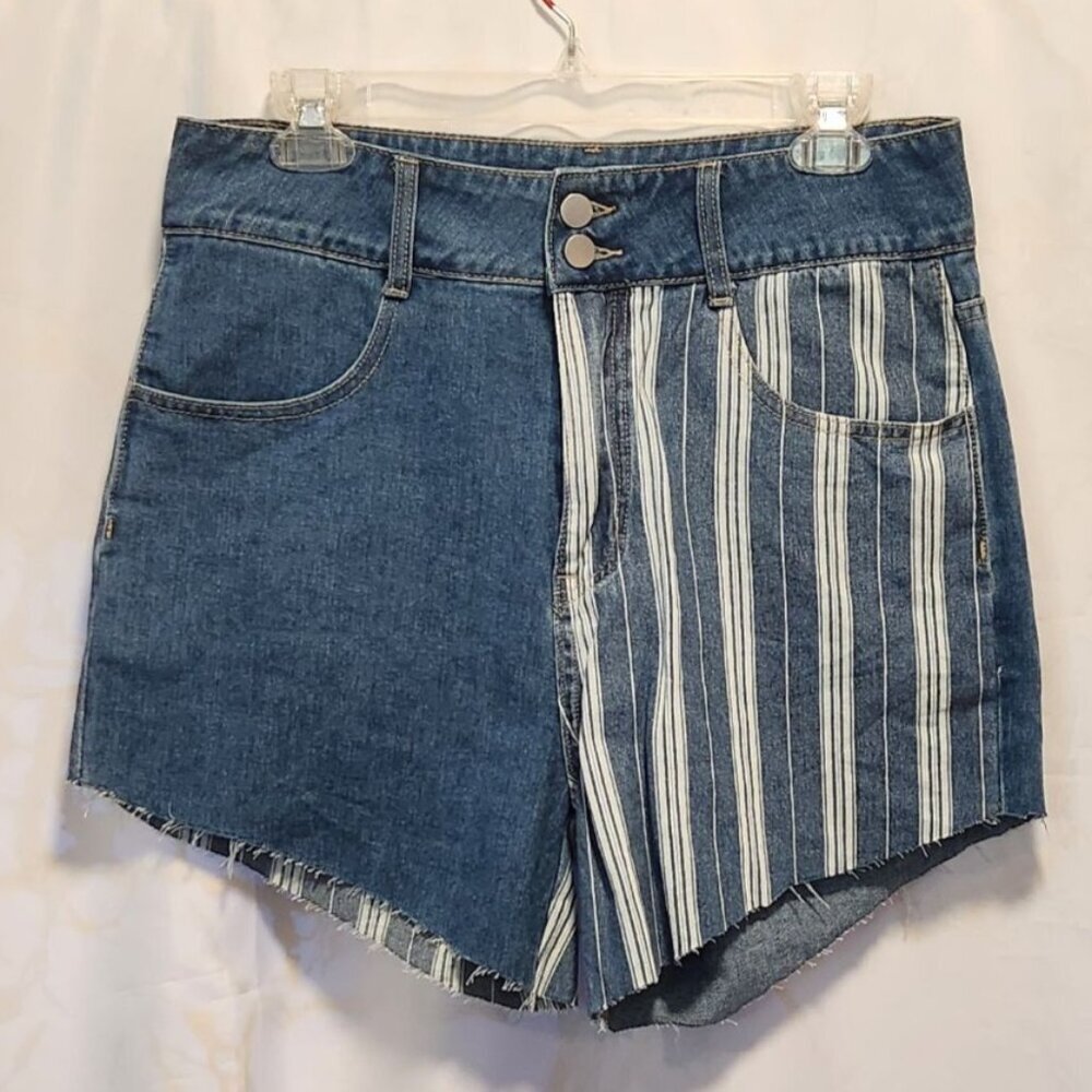 Uniq By‎ Litz Jean Shorts Women's LG High Waisted Denim Solid/Striped Colorblock
